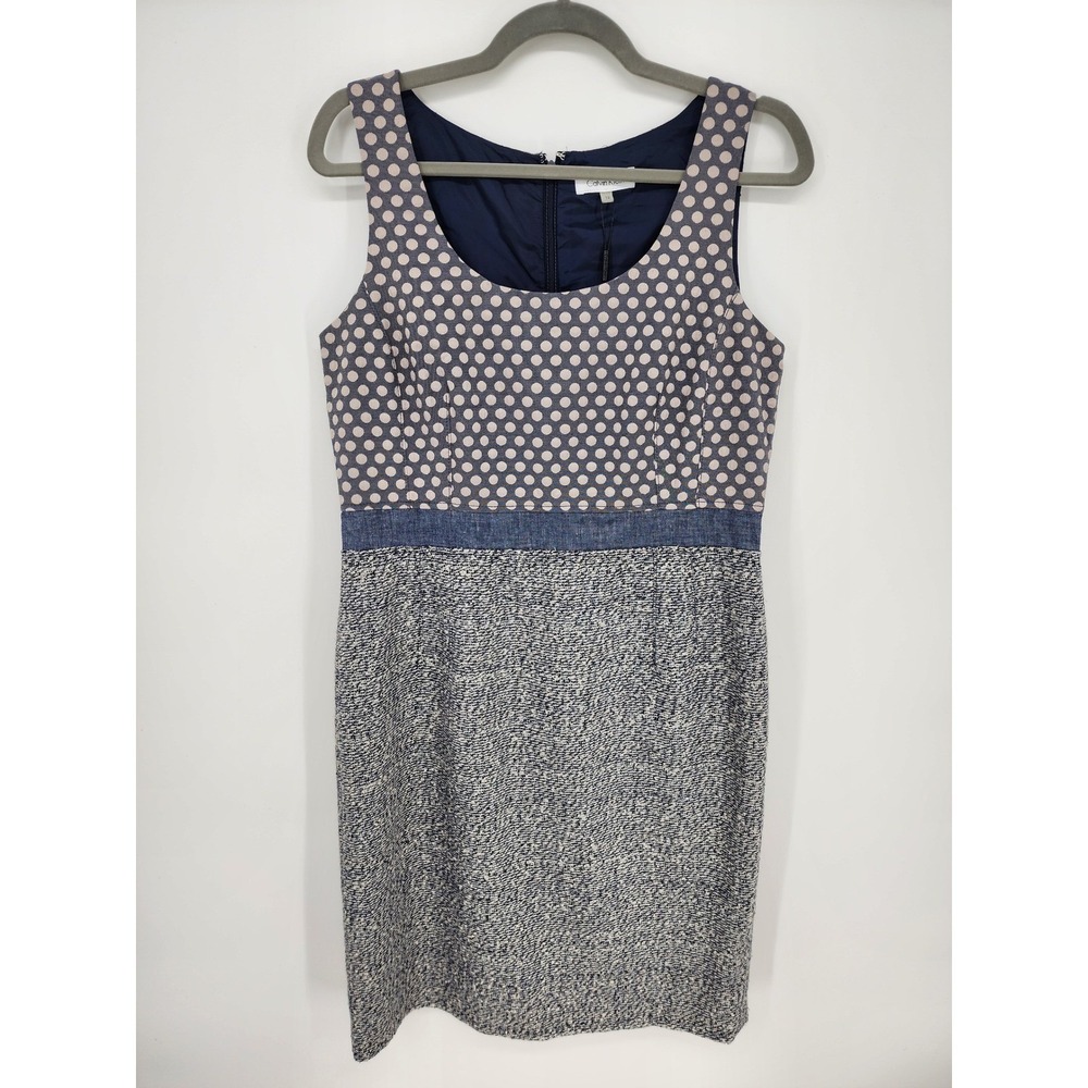 Calvin Klein Polka Dot Tweed Sheath Dress Size 12 Blue Mixed Media Sleeveless